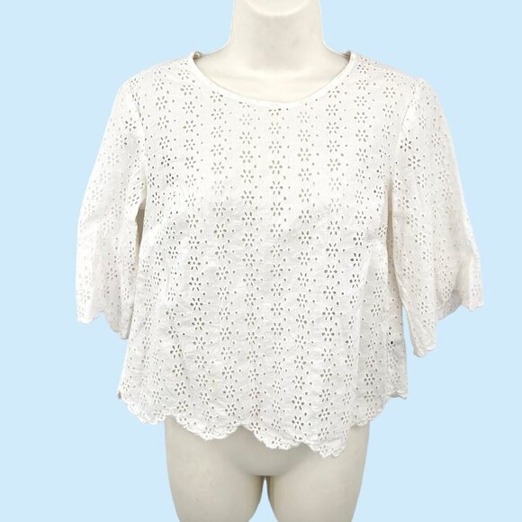 AERIE FLORAL EYELET SCALLOPED EDGE WHITE TOP - XS - Picture 1 of 5